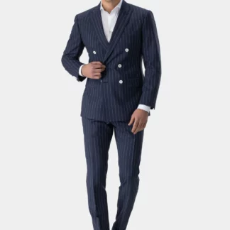 Blue striped three-piece suit