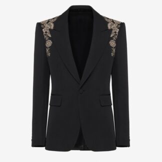 Men's Single Breasted Jacket with Embroidered Harness in Black