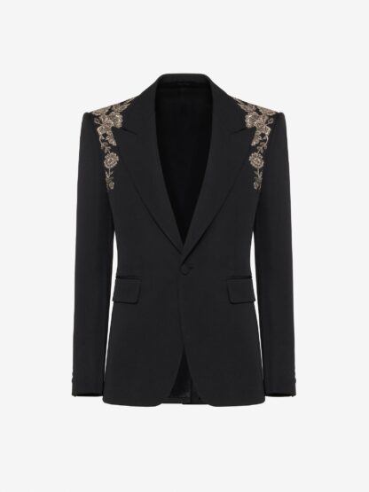 Men's Single Breasted Jacket with Embroidered Harness in Black